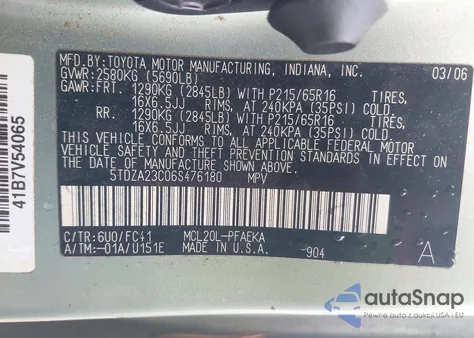 2006 Toyota Sienna Le z USA, uszkodzony, nr VIN 5TDZA23C06S476180